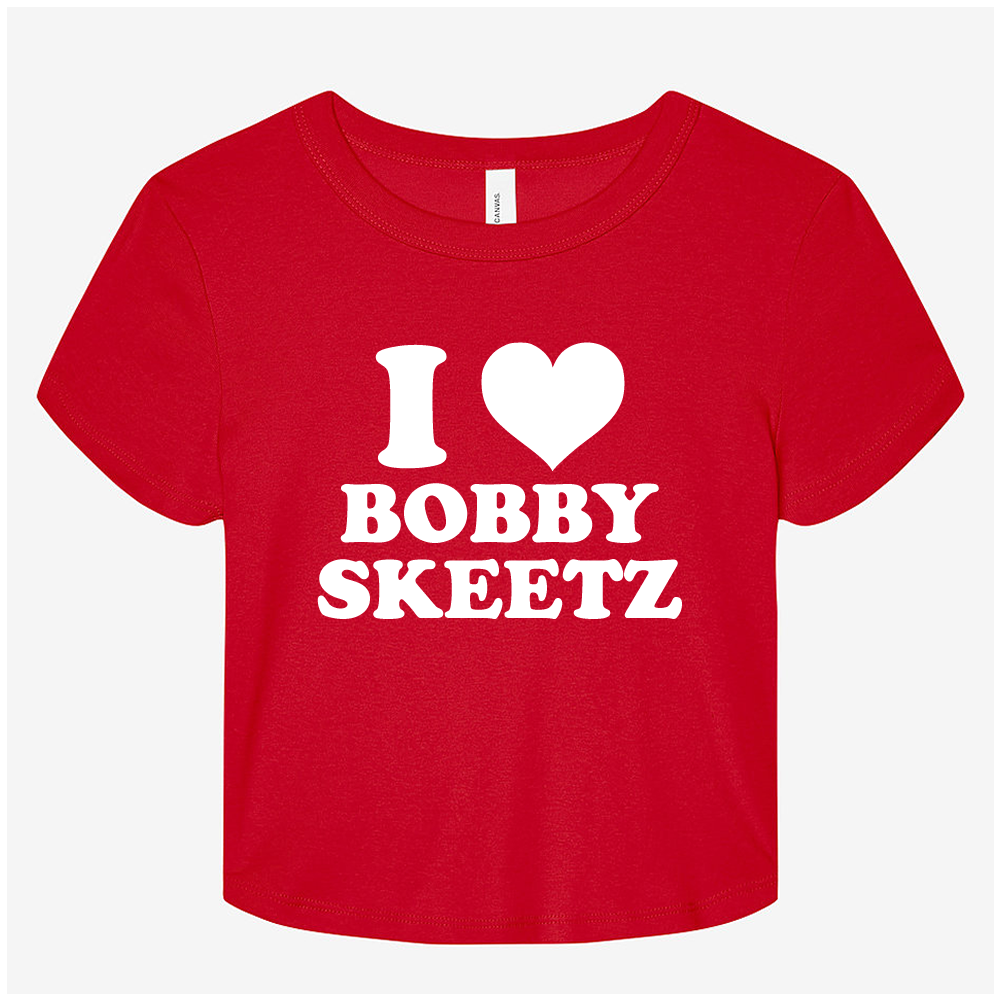 Red t-shirt with 'I ❤️ BOBBY SKEETZ' text on a white background