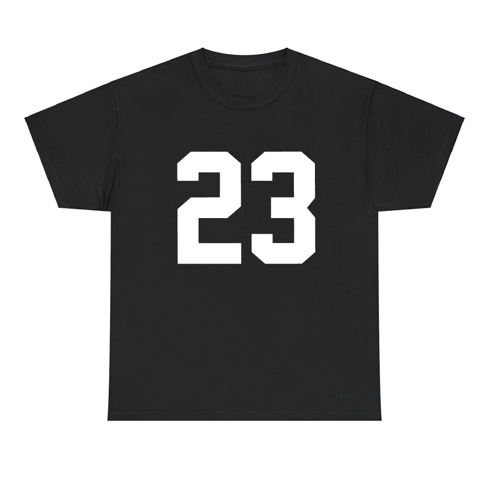 Black t-shirt with the number 23 printed on a white background