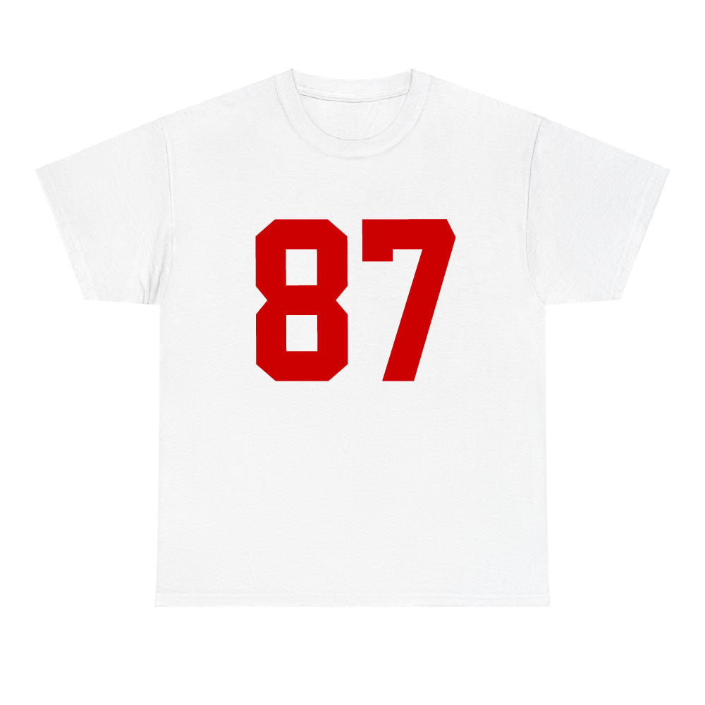 White t-shirt with red number 87 on a white background
