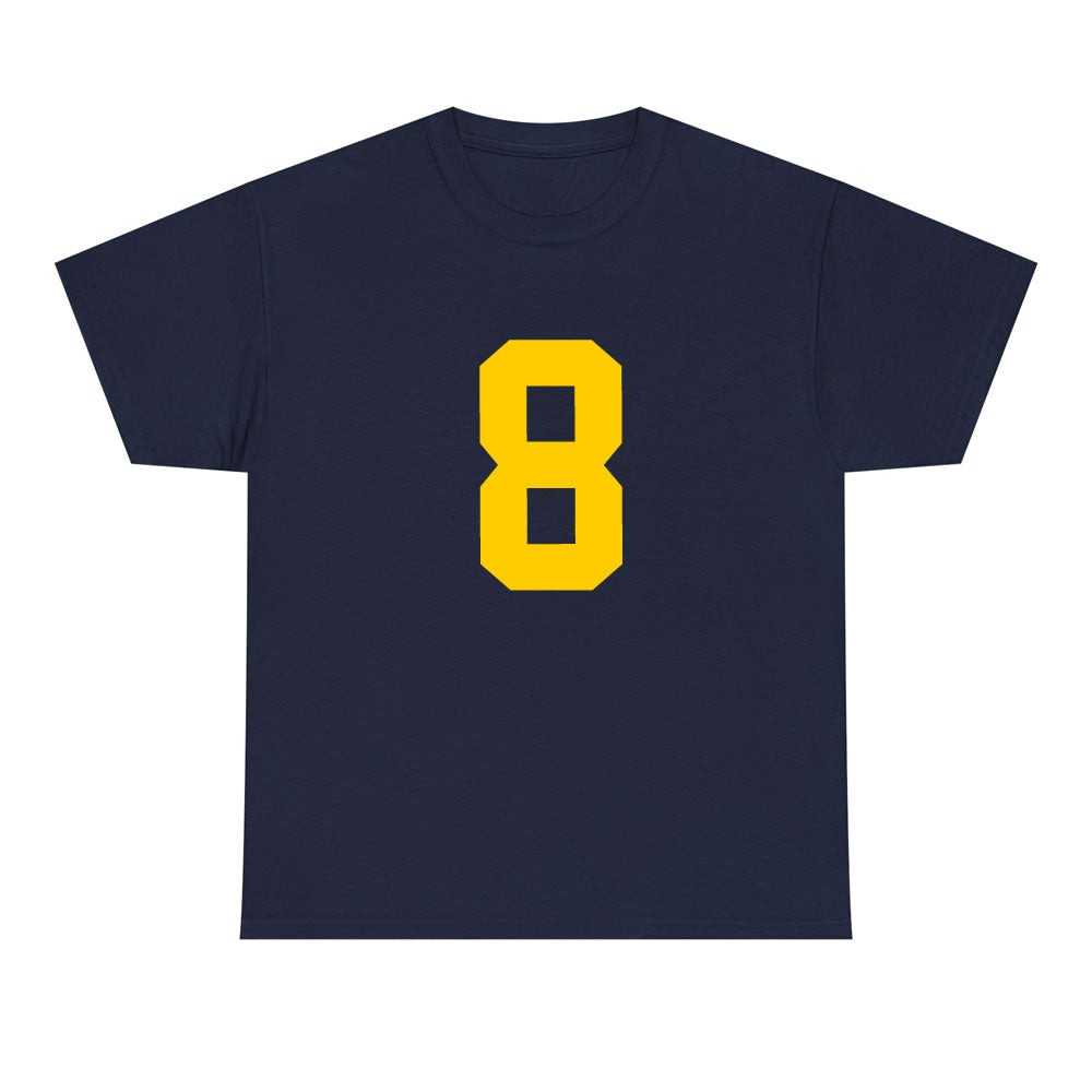 Navy blue t-shirt with a yellow number 8 on a white background
