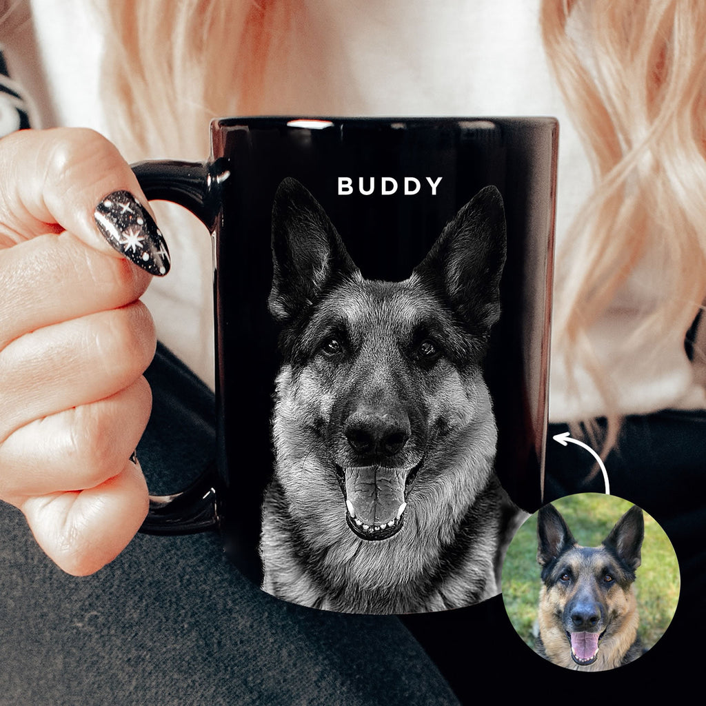 monochrome pet art on custom mug