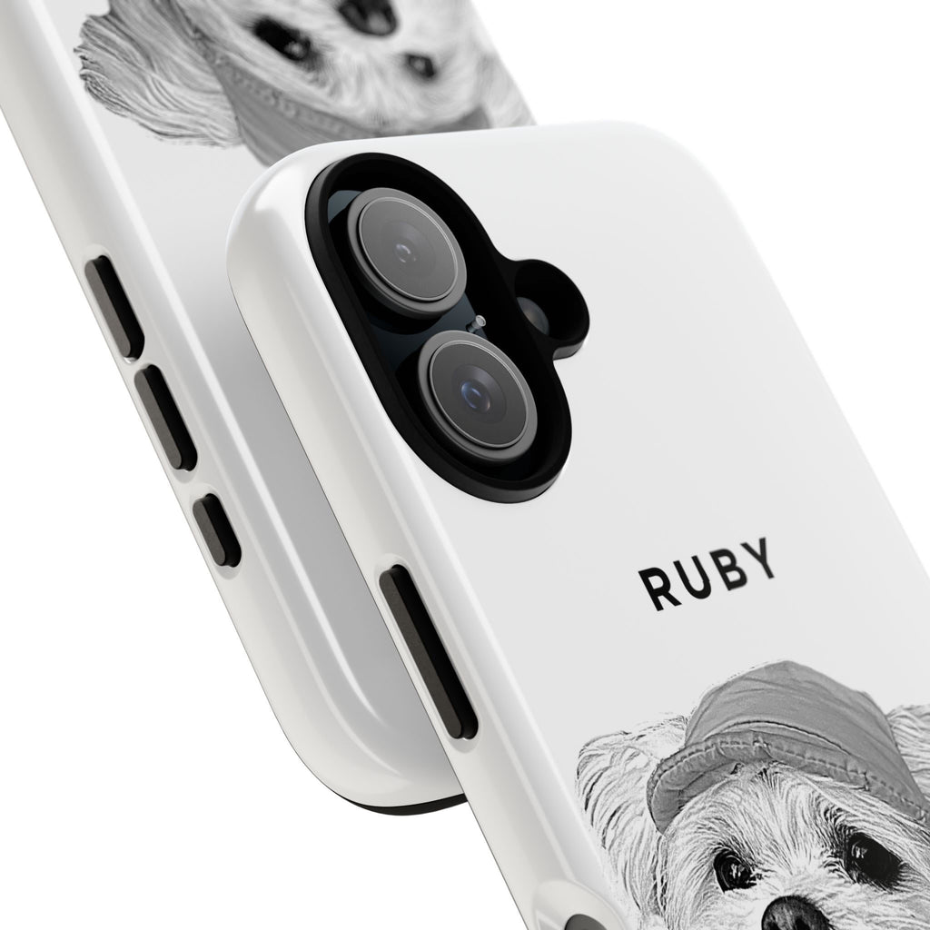 Phone case with a dog illustration and 'RUBY' text on a white background