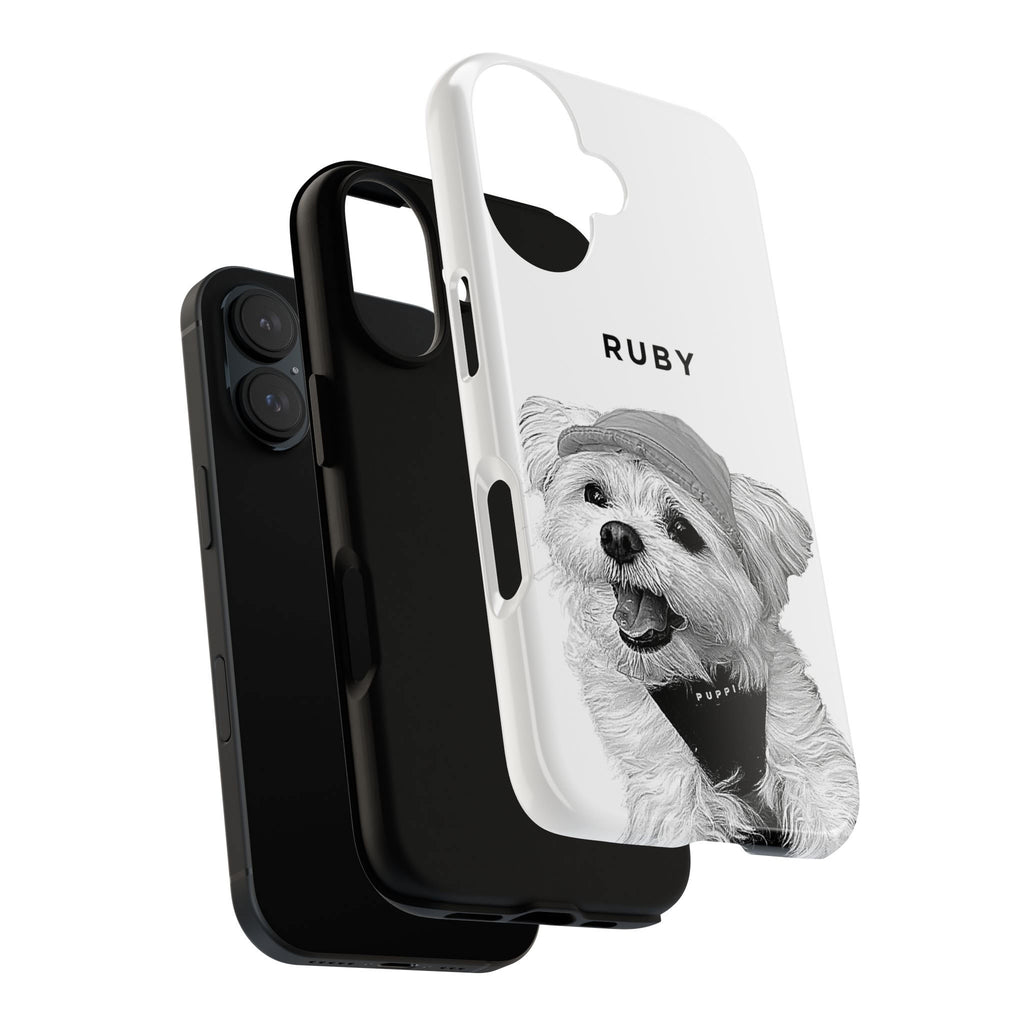 Phone case with a dog illustration and 'Ruby' text on a white background