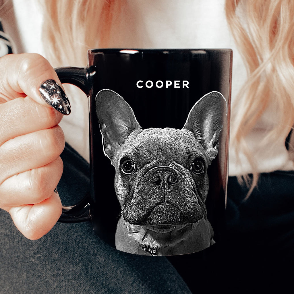 black ceramic mug with dog photo art