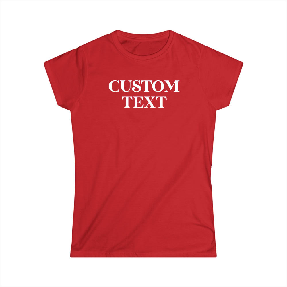 Red t-shirt with 'CUSTOM TEXT' printed on a white background