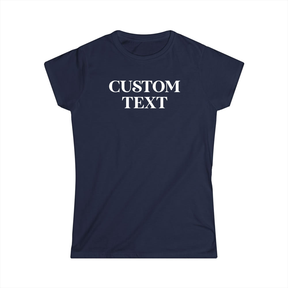 Navy blue t-shirt with 'CUSTOM TEXT' in white on a white background