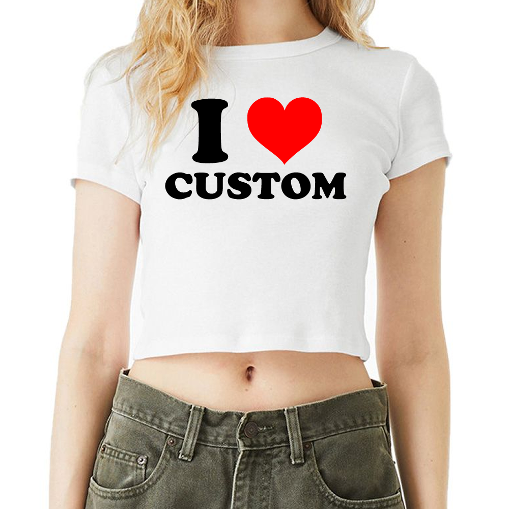 White t-shirt with 'I ❤️ CUSTOM' text worn by a person on a white background