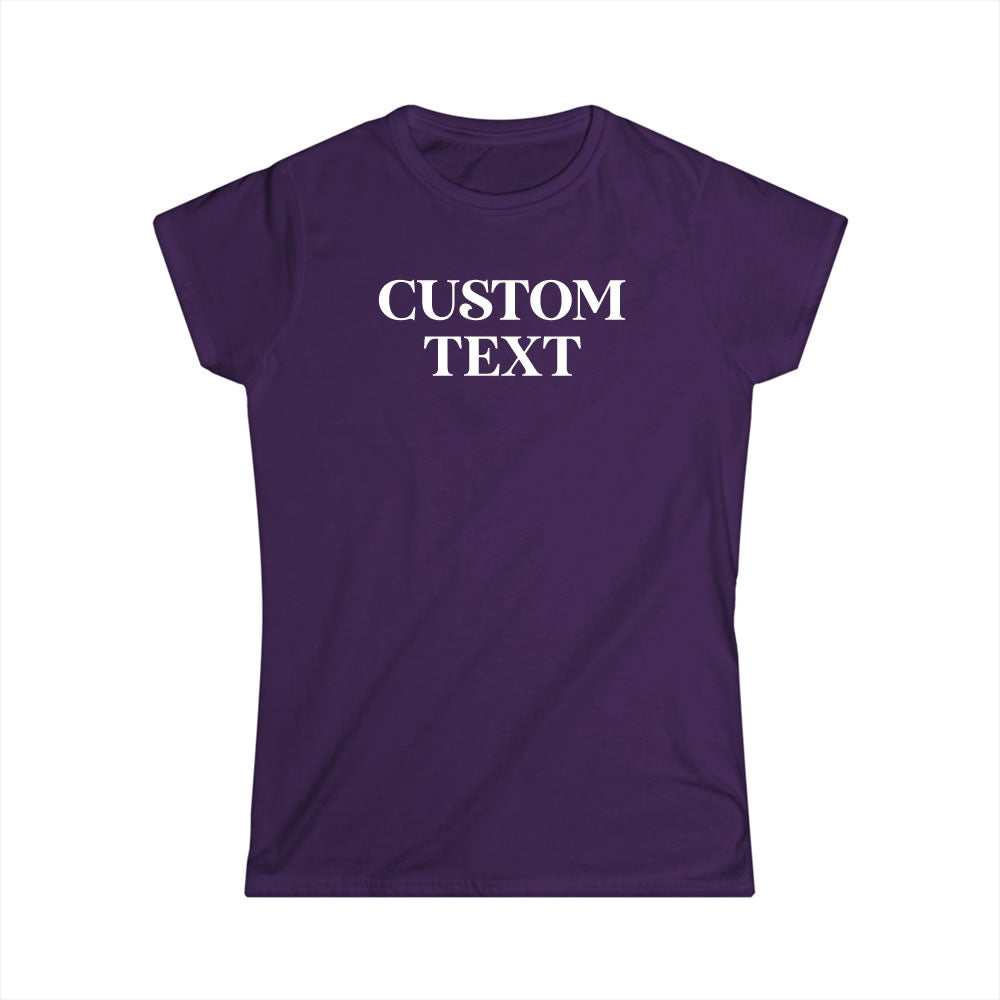 Purple t-shirt with 'CUSTOM TEXT' printed on a white background