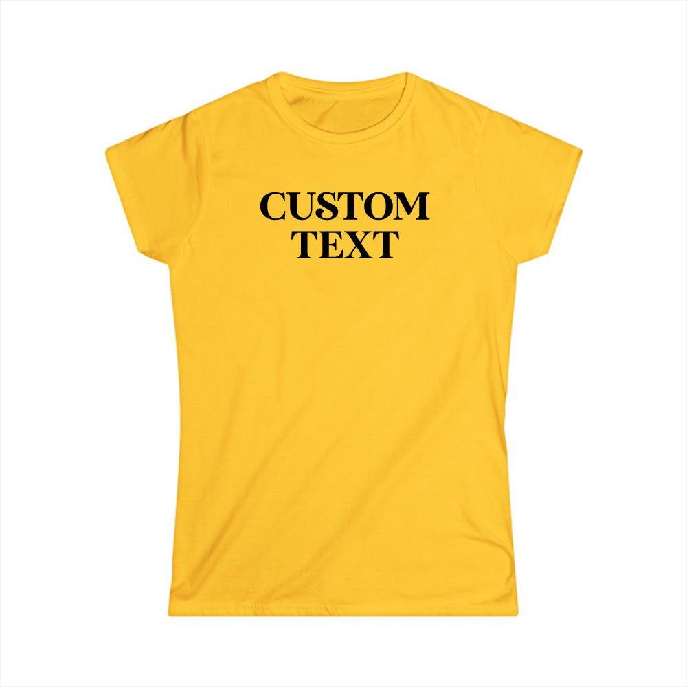 Yellow t-shirt with 'CUSTOM TEXT' printed on a white background