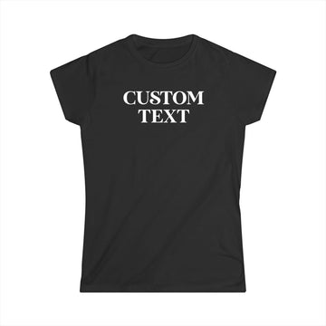 Black t-shirt with 'CUSTOM TEXT' printed on a white background