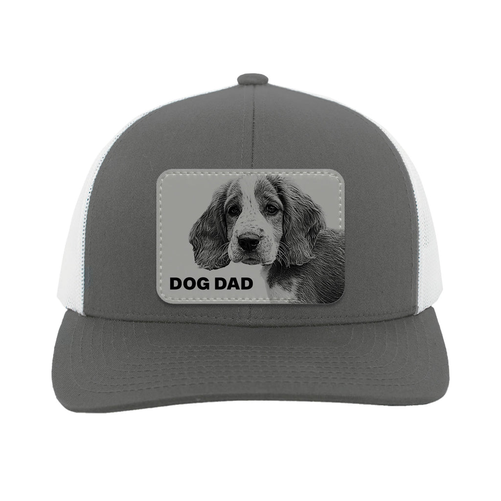Gray and white cap with a dog photo and 'DOG DAD' text on a white background