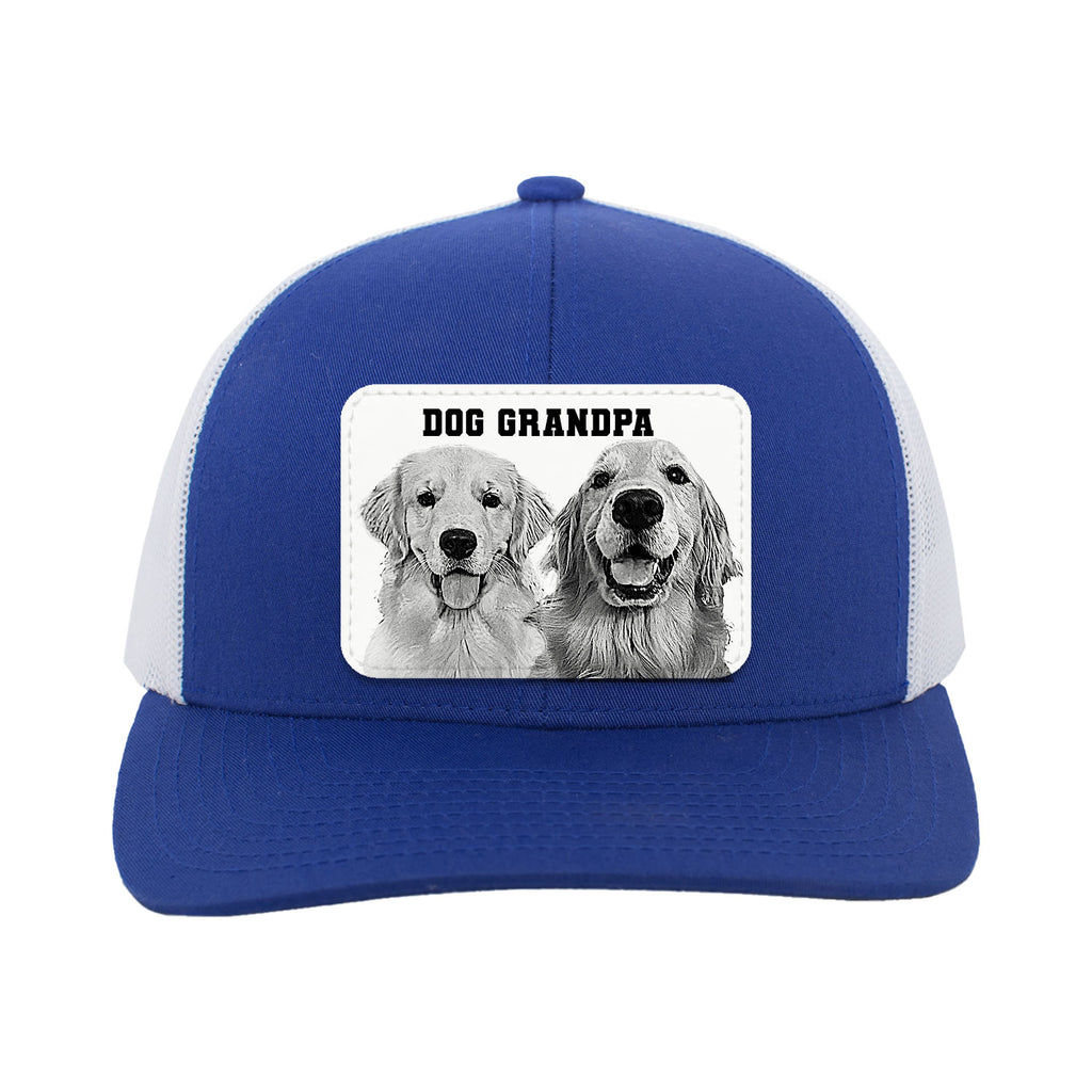 Blue and white cap with 'Dog Grandpa' text and dog images on a white background