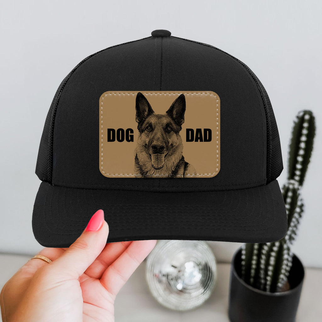 Black cap with a dog dad patch featuring a German Shepherd on a neutral background