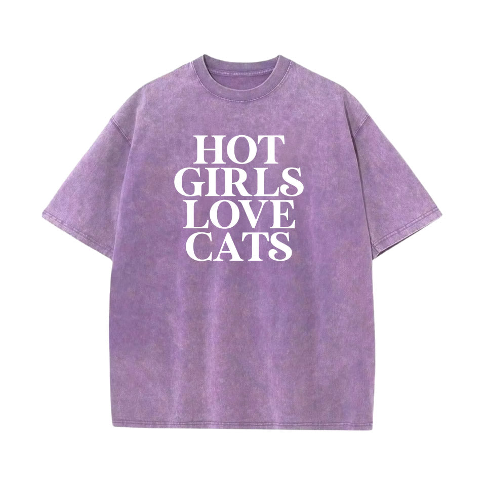 Washed cotton oversized t‑shirt with drop shoulder design and bold white graphic text “HOT GIRLS LOVE CATS” — trendy women’s cat lover tee.