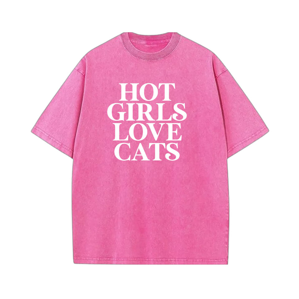 Washed cotton oversized t‑shirt with drop shoulder design and bold white graphic text “HOT GIRLS LOVE CATS” — trendy women’s cat lover tee.