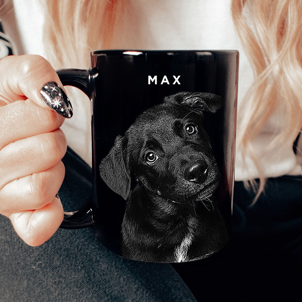 custom black and white pet portrait mug