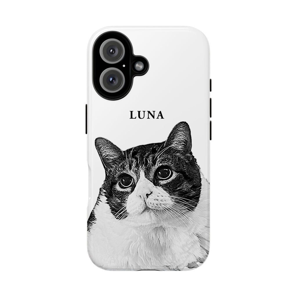 Phone case with a black and white cat illustration and 'LUNA' text on a white background
