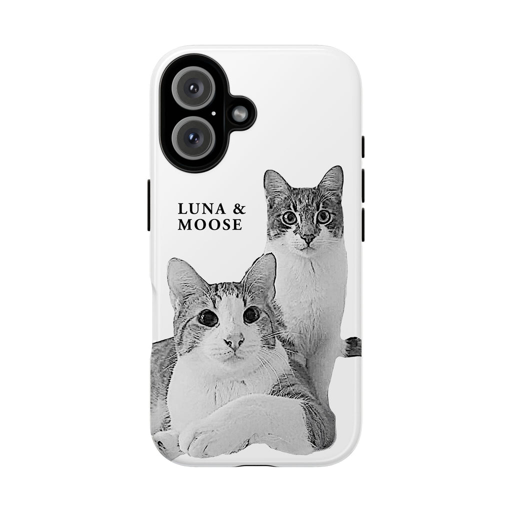 Phone case with two cats and 'Luna & Moose' text on a white background