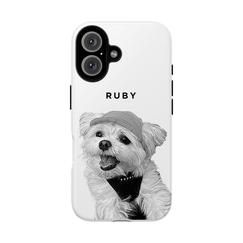 Phone case with a black and white dog illustration and 'RUBY' text on a white background