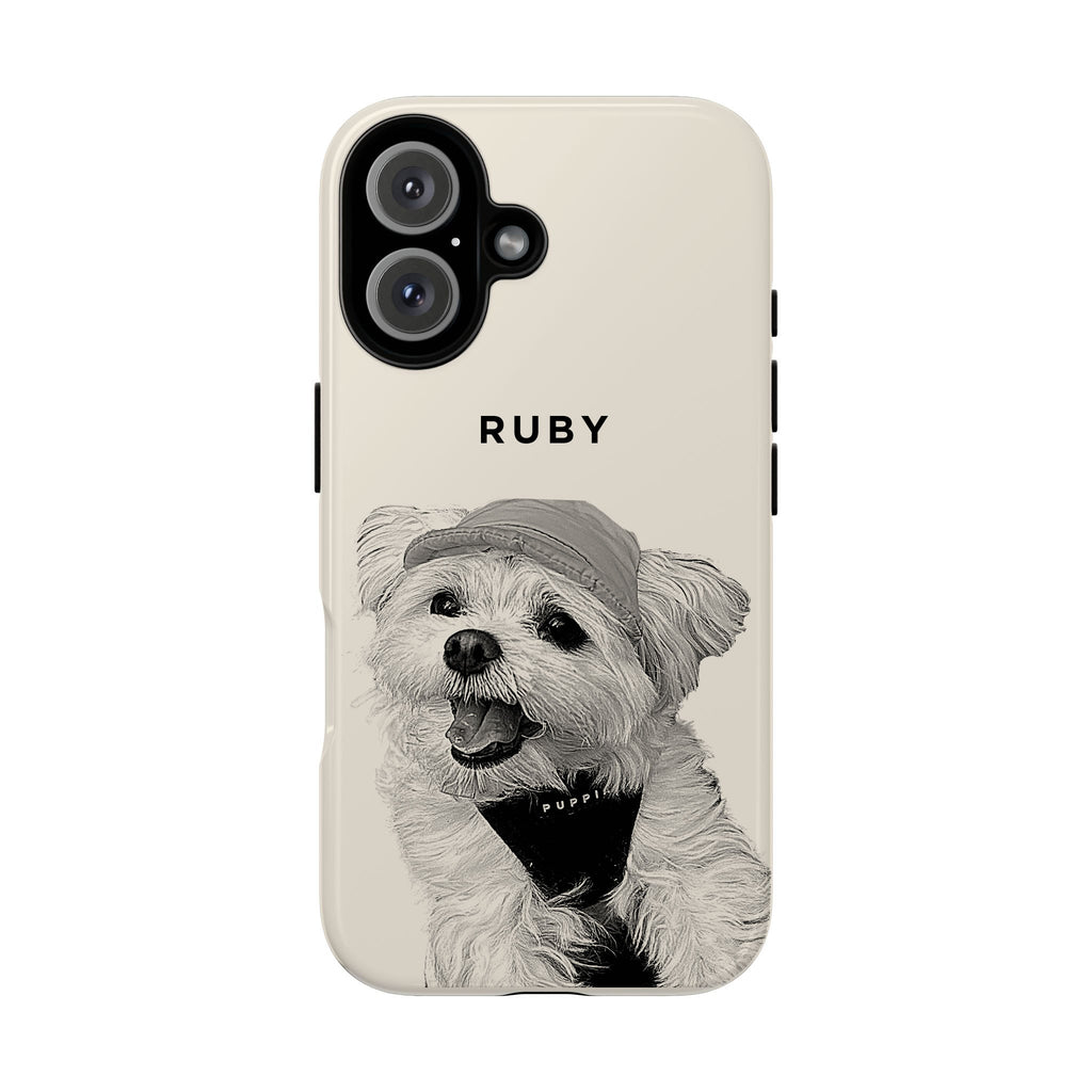 Phone case with a dog illustration and 'Ruby' text on a beige cream background