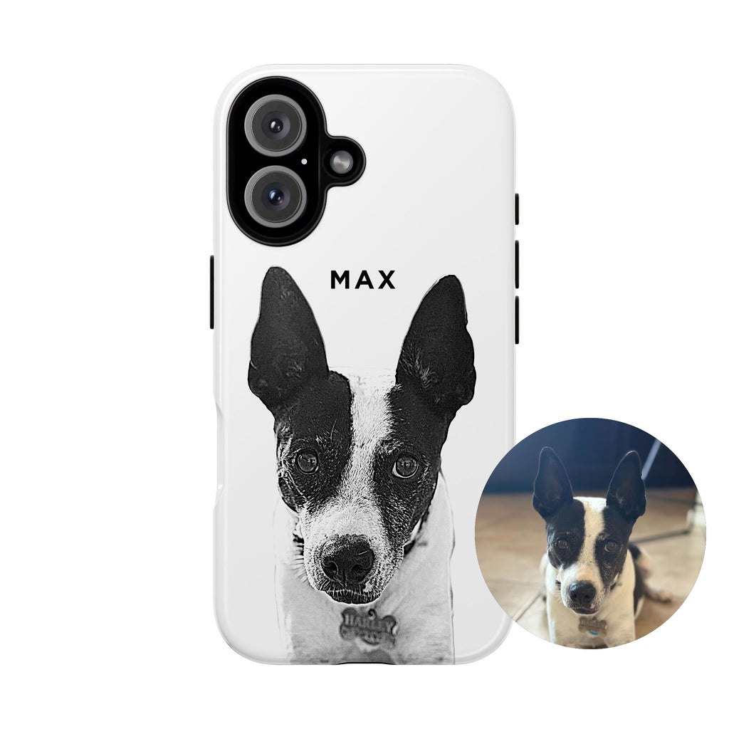 Phone case with a black and white dog illustration and 'MAX' text, with a small inset photo of the dog.