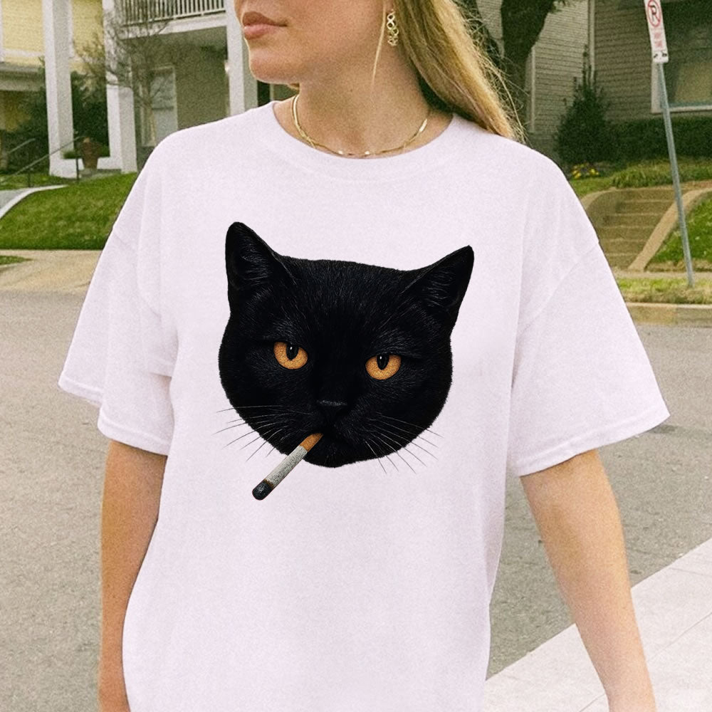 Black Cat Smoking Unisex T-Shirt - Funny Cat Graphic Tee - Cool Cat Lover Shirt