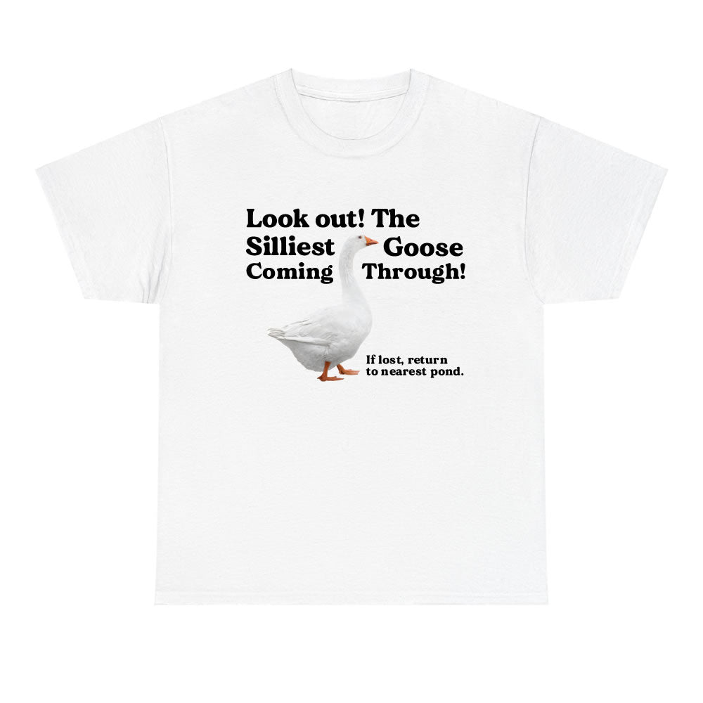 White t-shirt with a graphic of a goose and humorous text on a white background