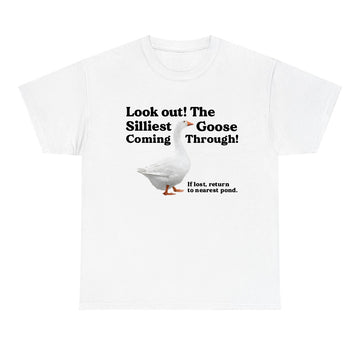 White t-shirt with a graphic of a goose and humorous text on a white background