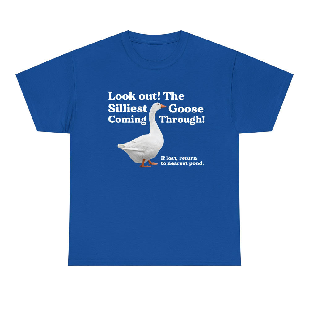 Blue t-shirt with a goose graphic and humorous text on a white background