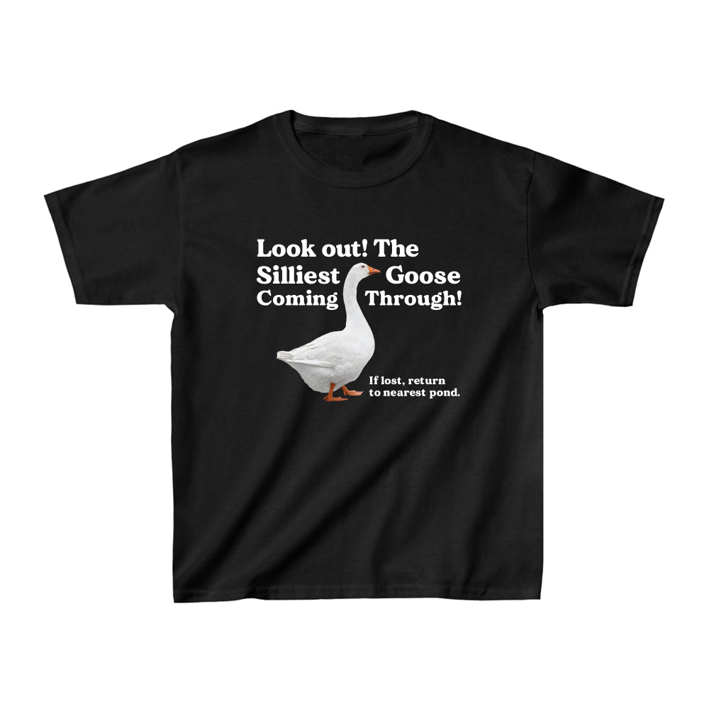 Black t-shirt with a graphic of a goose and humorous text on a white background