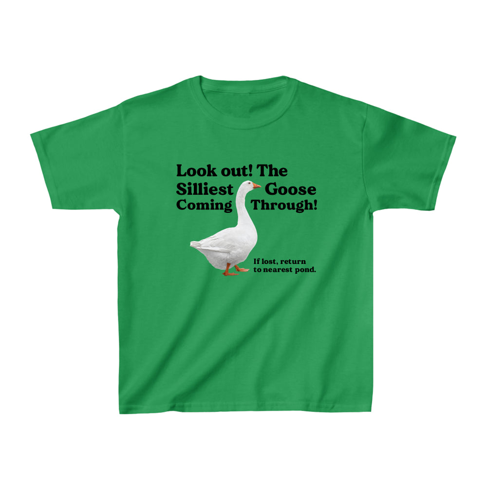 Green t-shirt with a goose graphic and humorous text on a white background