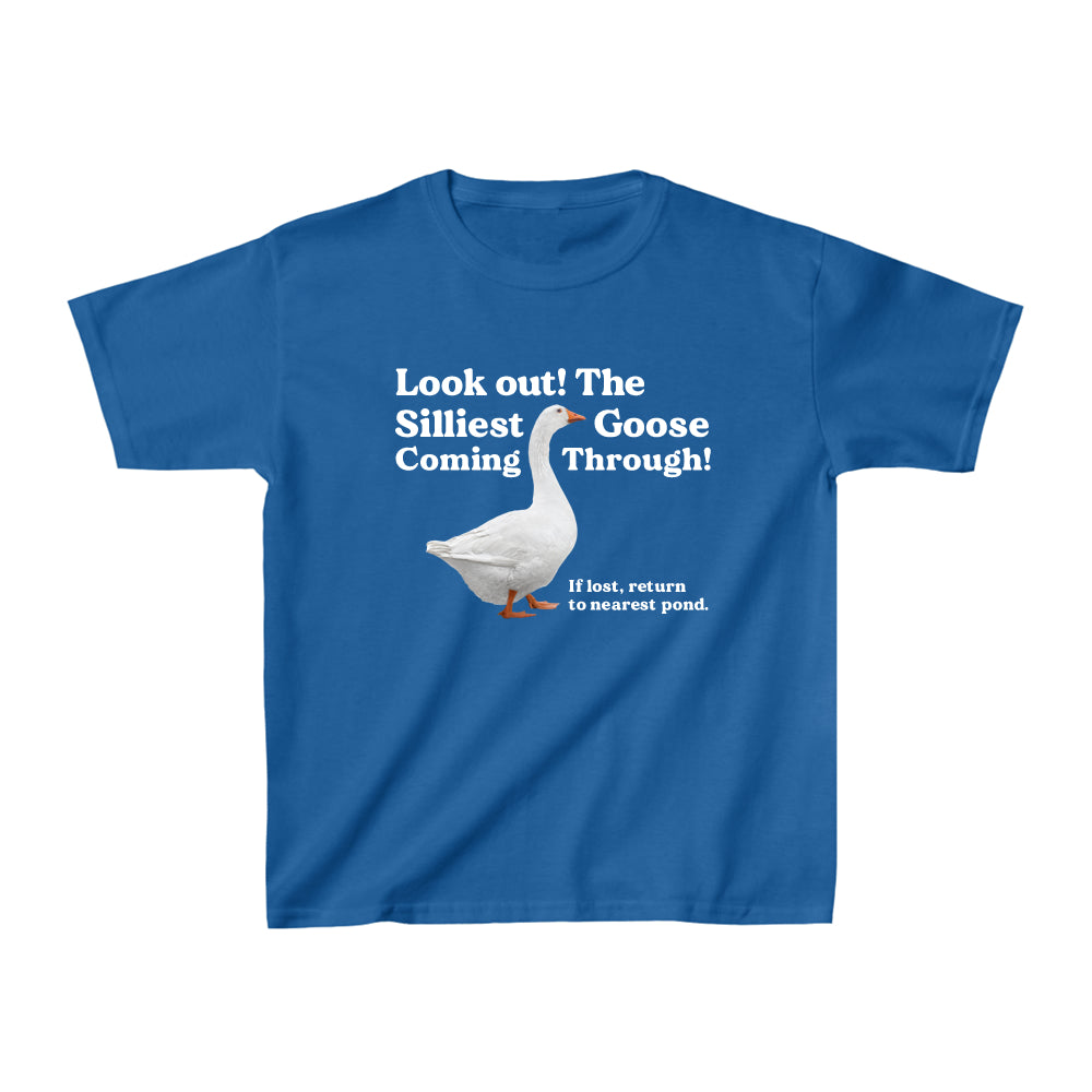 Blue t-shirt with a goose graphic and humorous text on a white background