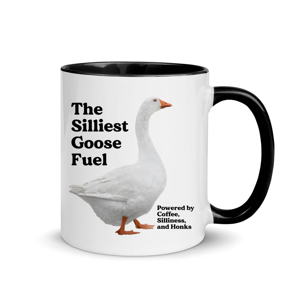 Mug with a goose illustration and text on a white background