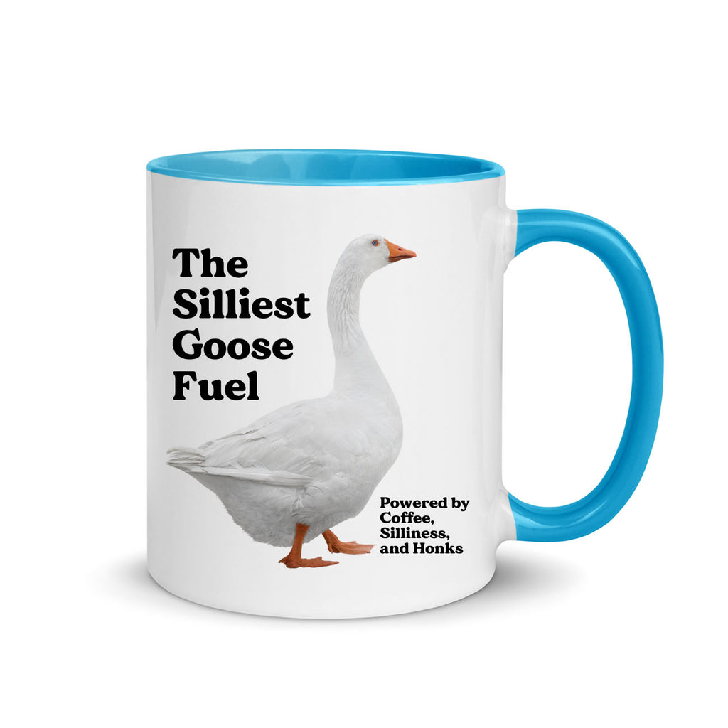 Mug with a goose illustration and text on a white background