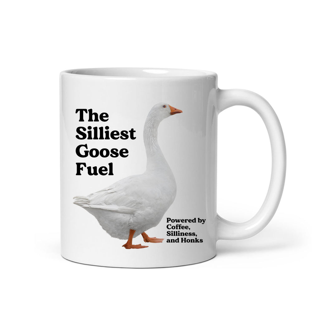 White mug with a goose illustration and humorous text on a white background