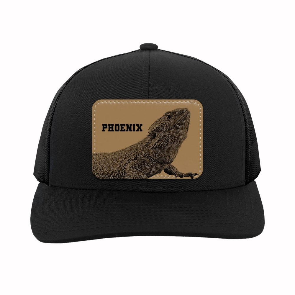 Custom Bearded Dragon Leather Patch Trucker Hat | Personalized Reptile Owner Cap | Exotic Pet Dad & Mom Mesh Snapback - printwithsky