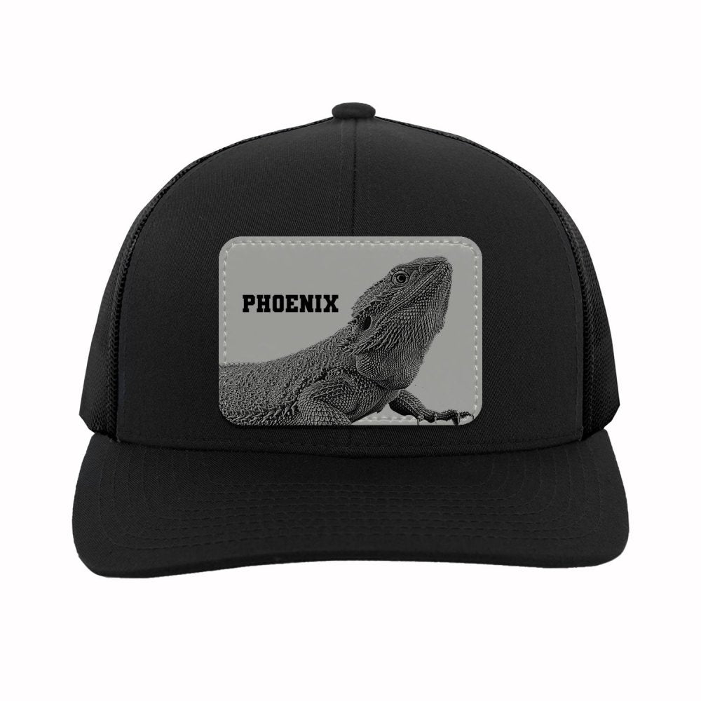 Custom Bearded Dragon Leather Patch Trucker Hat | Personalized Reptile Owner Cap | Exotic Pet Dad & Mom Mesh Snapback - printwithsky