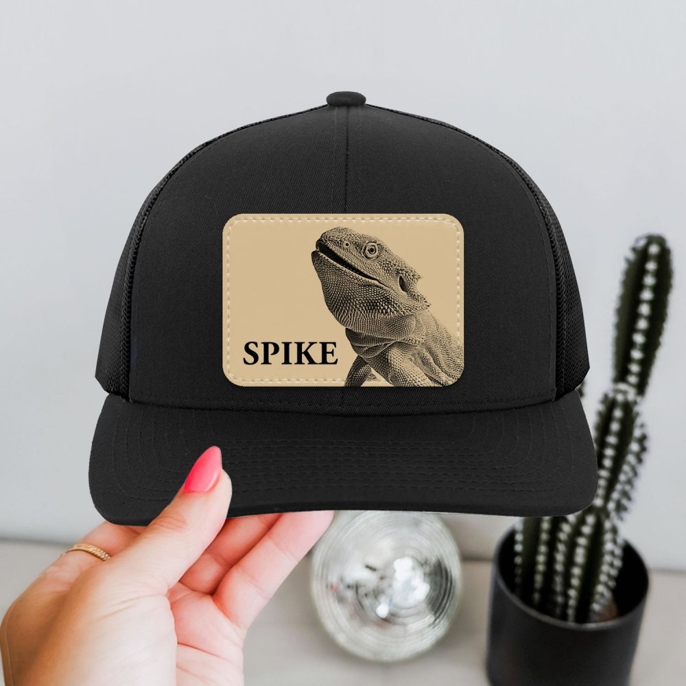 Custom Bearded Dragon Leather Patch Trucker Hat | Personalized Reptile Owner Cap | Exotic Pet Dad & Mom Mesh Snapback - printwithsky