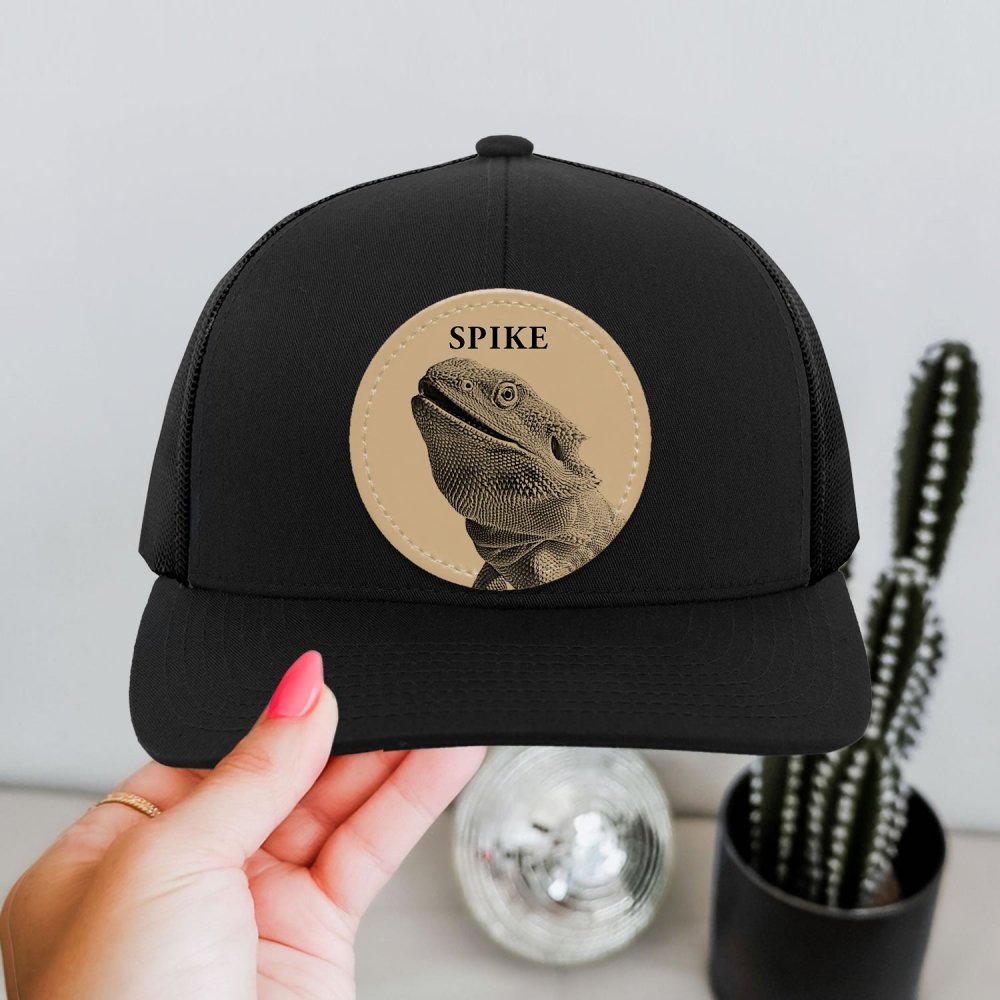 Custom Bearded Dragon Leather Patch Trucker Hat | Personalized Reptile Owner Cap | Exotic Pet Dad & Mom Mesh Snapback - printwithsky