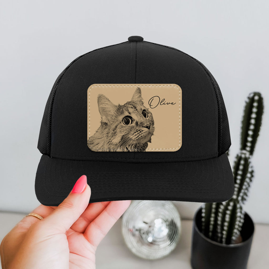 Custom Cat Portrait Leather Patch Trucker Hat | Personalized Cat Dad and Cat Mom Hat