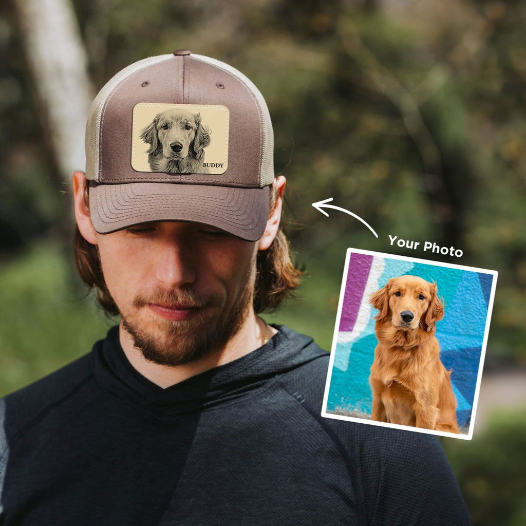 Custom Pet Portrait Leather Patch Trucker Hat | Personalized Dog Dad and Dog Mom Hat