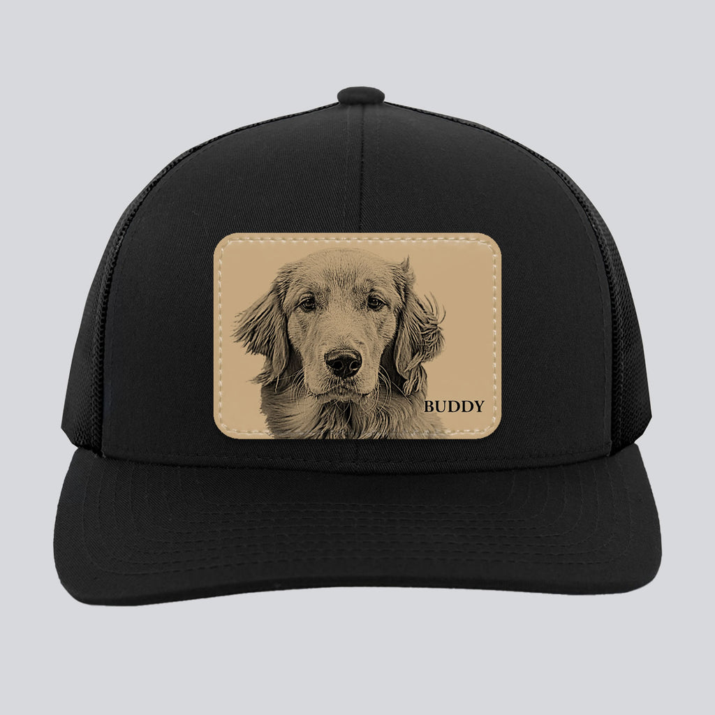 Custom Pet Portrait Leather Patch Trucker Hat | Personalized Dog Dad and Dog Mom Hat