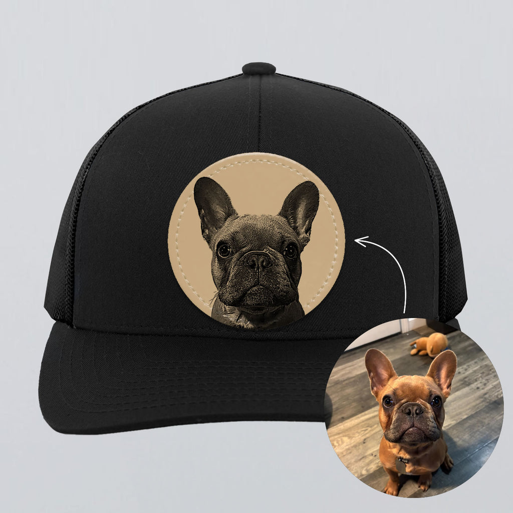 Custom Pet Portrait Leather Patch Trucker Hat | Personalized Dog Dad and Dog Mom Hat