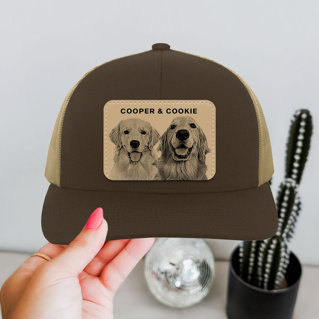 Custom Pet Portrait Leather Patch Trucker Hat | Personalized Dog Dad and Dog Mom Hat