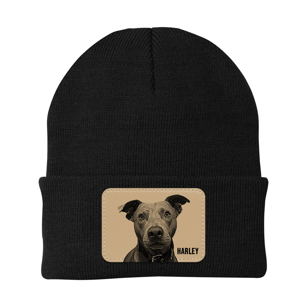 Black beanie with a dog patch featuring the name 'Harley' on a white background