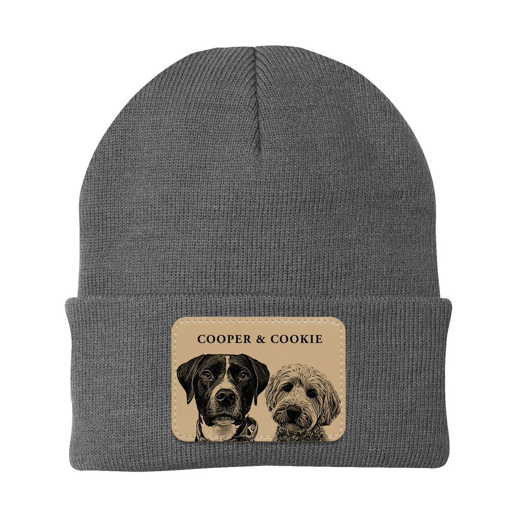 Gray beanie with a patch featuring two dogs and the text 'Cooper & Cookie' on a white background.
