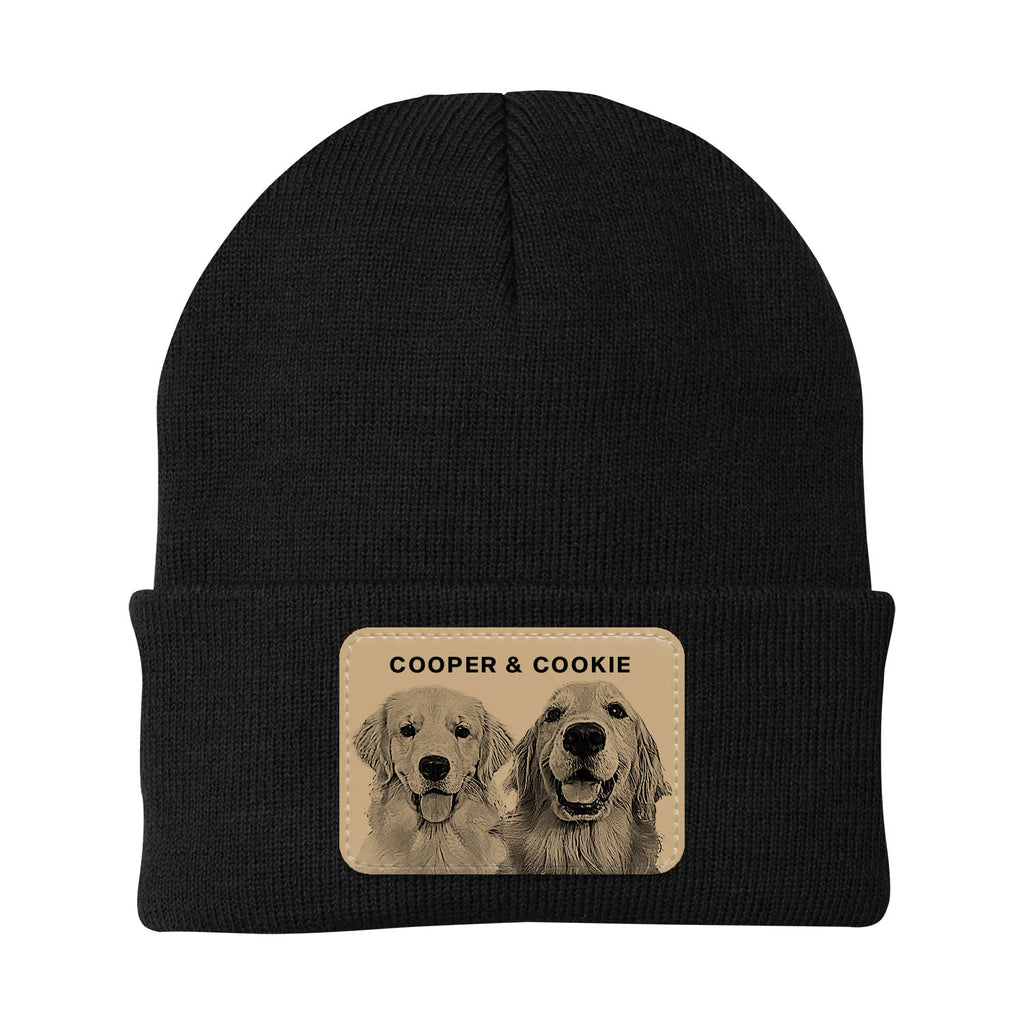 Black beanie with a patch featuring two dogs named Cooper and Cookie on a white background
