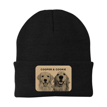 Black beanie with a patch featuring two dogs named Cooper and Cookie on a white background