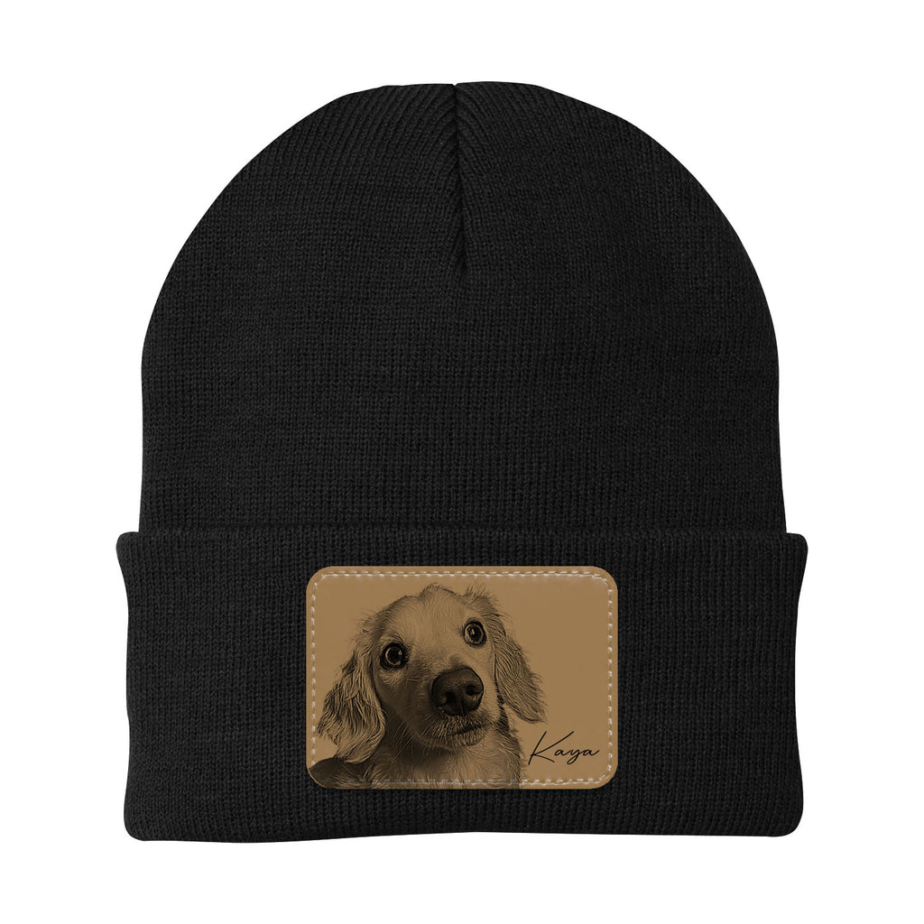 Black beanie with a dog patch featuring a Golden Retriever's face on a white background