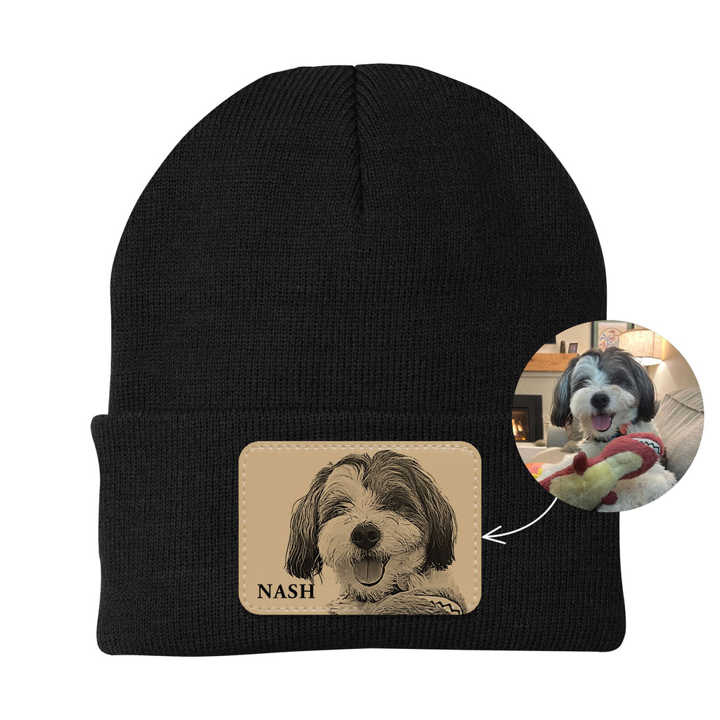 Black beanie with a patch of a dog's face and name 'Nash', with a circular inset showing the dog holding a toy.